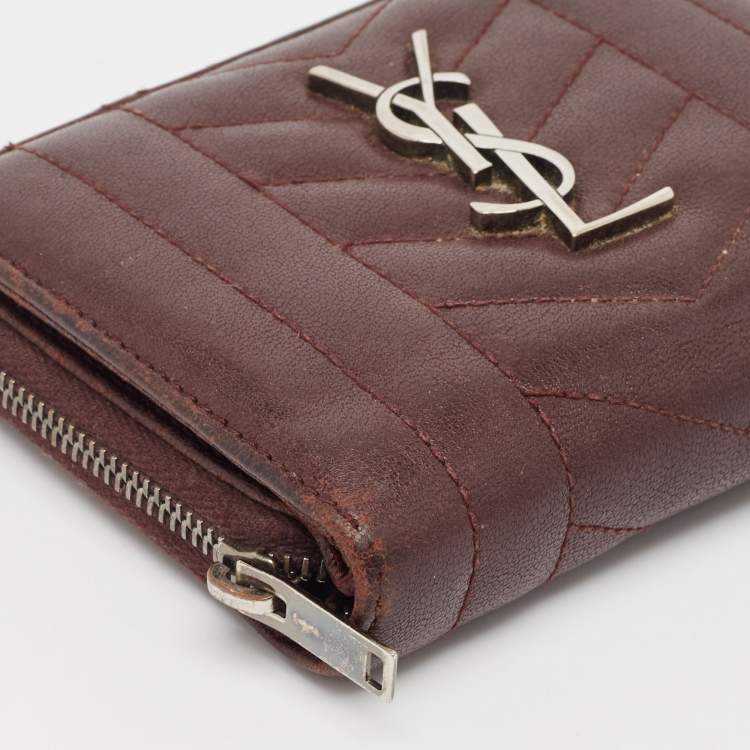 Pre Owned Saint Laurent Burgundy Leather Monogram Zip Around Wallet