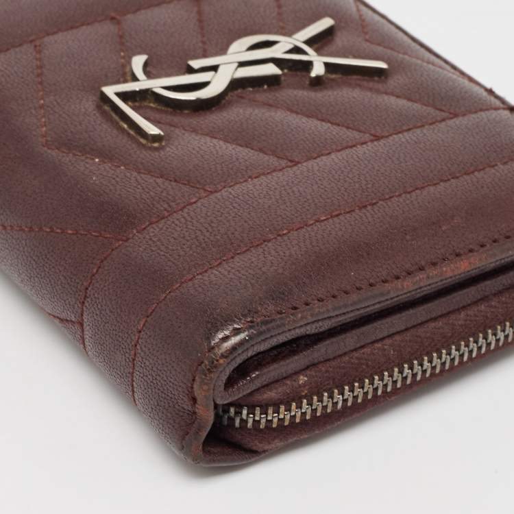 Pre Owned Saint Laurent Burgundy Leather Monogram Zip Around Wallet