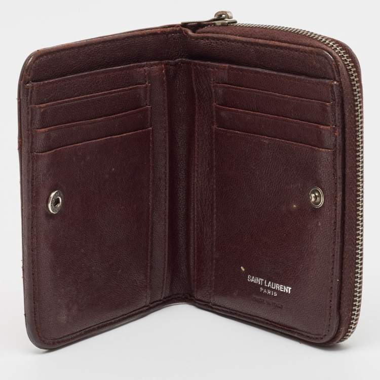 Pre Owned Saint Laurent Burgundy Leather Monogram Zip Around Wallet
