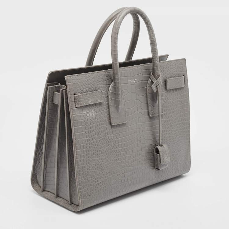 Pre Owned Saint Laurent Grey Croc Embossed Leather Small Classic Sac De Jour Tote