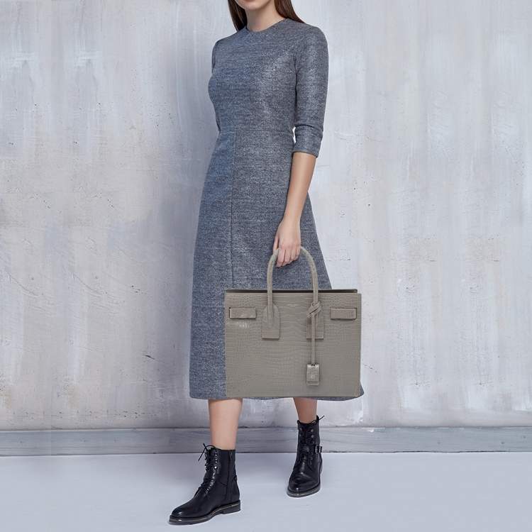 Pre Owned Saint Laurent Grey Croc Embossed Leather Small Classic Sac De Jour Tote