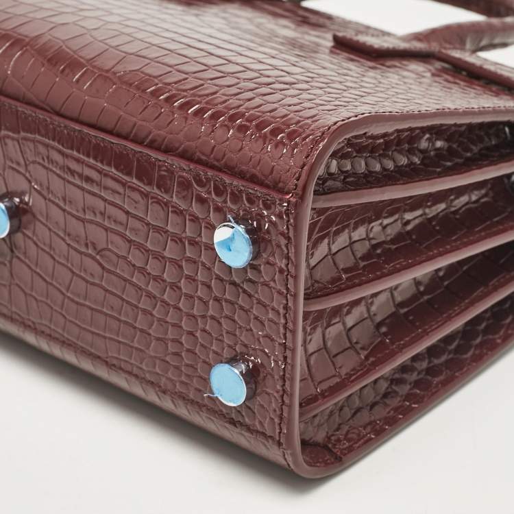 Pre Owned Saint Laurent Burgundy Croc Embossed Leather Nano Classic Sac De Jour Tote
