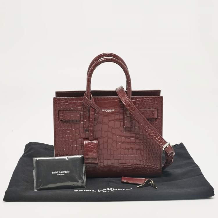 Pre Owned Saint Laurent Burgundy Croc Embossed Leather Nano Classic Sac De Jour Tote