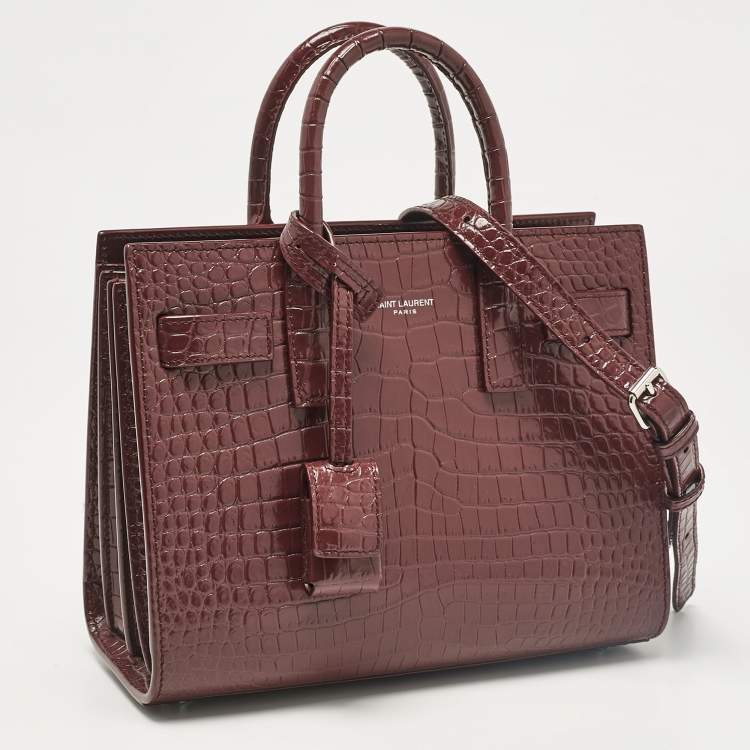 Pre Owned Saint Laurent Burgundy Croc Embossed Leather Nano Classic Sac De Jour Tote