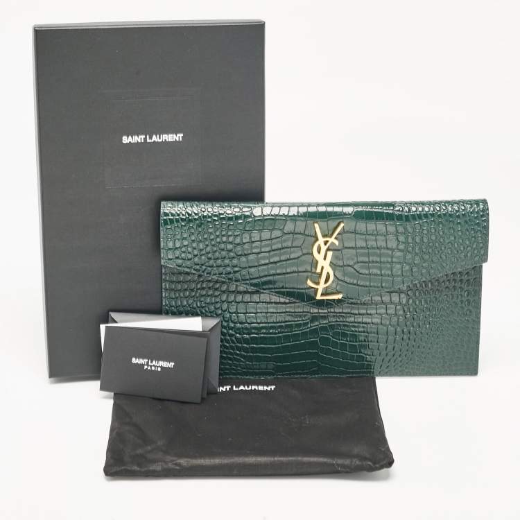 Pre Owned Saint Laurent Green Croc Embossed Leather Uptown Pouch