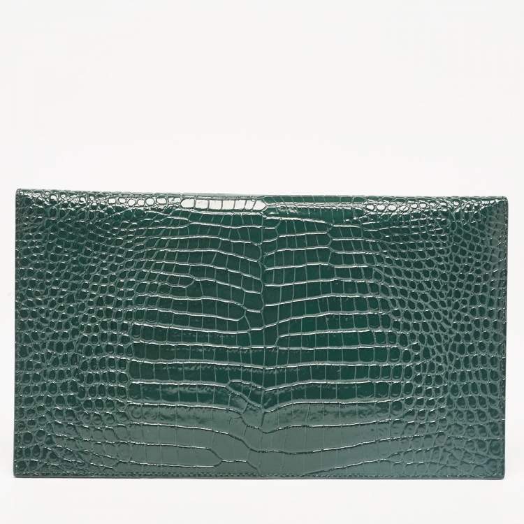 Pre Owned Saint Laurent Green Croc Embossed Leather Uptown Pouch
