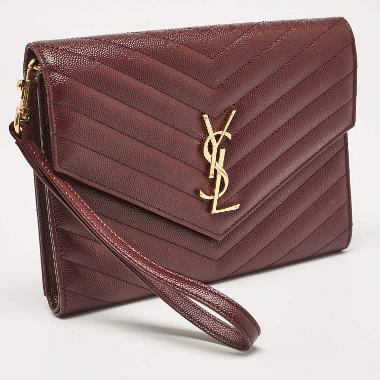 Pre Owned Saint Laurent Burgundy Matelassé Leather Monogram Envelope Wristlet Clutch
