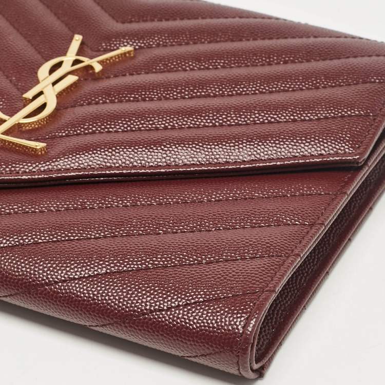 Pre Owned Saint Laurent Burgundy Matelassé Leather Monogram Envelope Wristlet Clutch