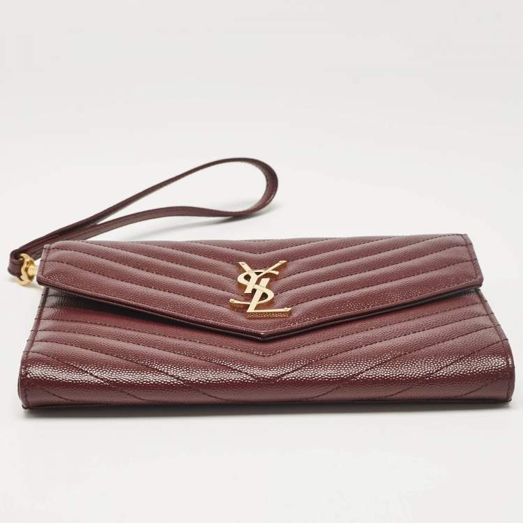 Pre Owned Saint Laurent Burgundy Matelassé Leather Monogram Envelope Wristlet Clutch