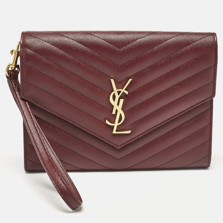 Pre Owned Saint Laurent Burgundy Matelassé Leather Monogram Envelope Wristlet Clutch