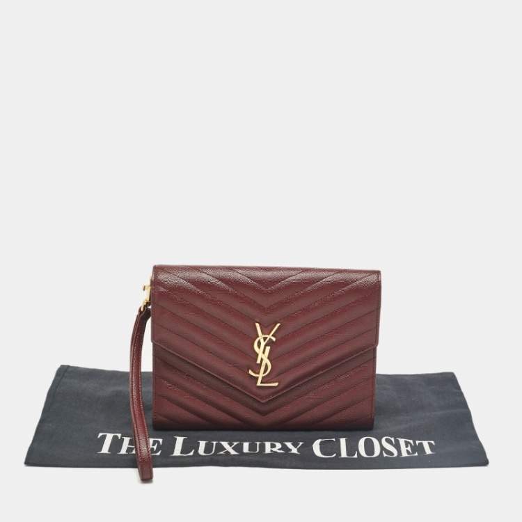Pre Owned Saint Laurent Burgundy Matelassé Leather Monogram Envelope Wristlet Clutch