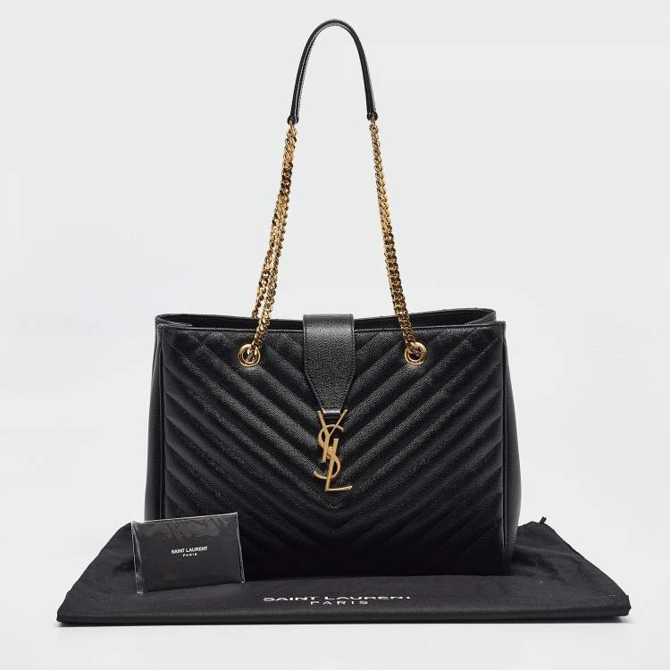 Pre Owned Saint Laurent Black Chevron Leather Cassandre Chain Tote