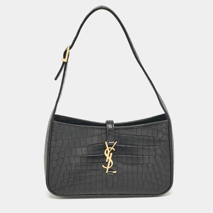 Pre Owned Saint Laurent Black Croc Embossed Leather LE 5 À 7 Hobo