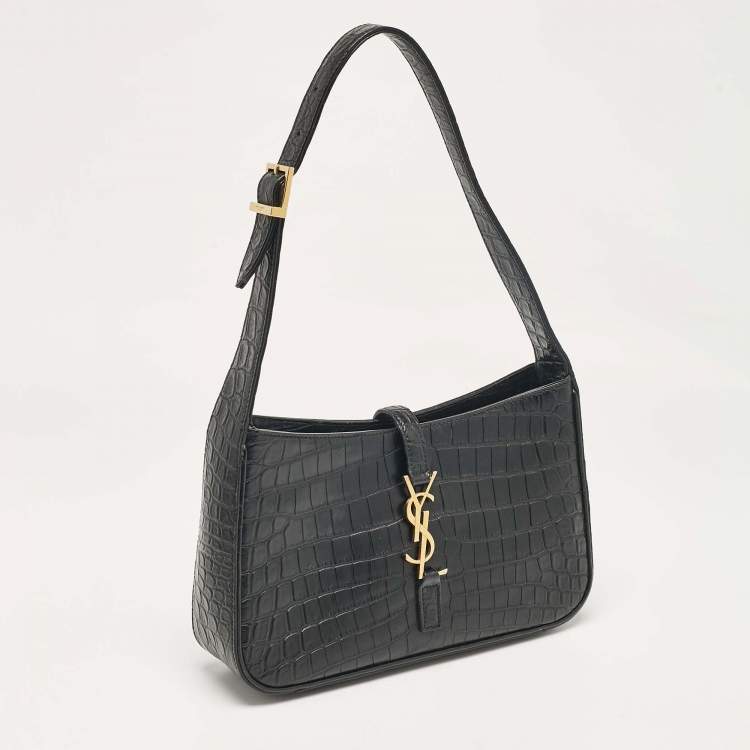 Pre Owned Saint Laurent Black Croc Embossed Leather LE 5 À 7 Hobo
