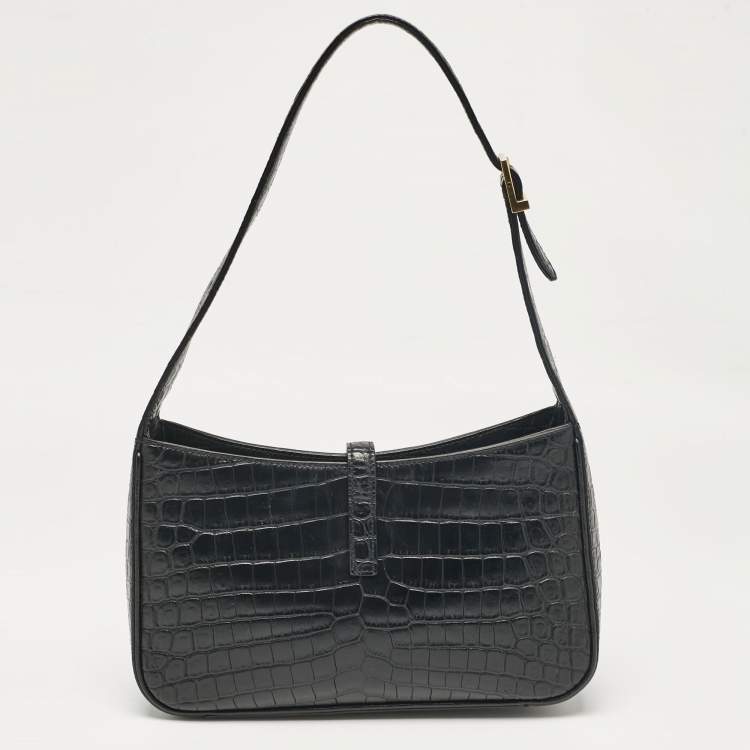 Pre Owned Saint Laurent Black Croc Embossed Leather LE 5 À 7 Hobo