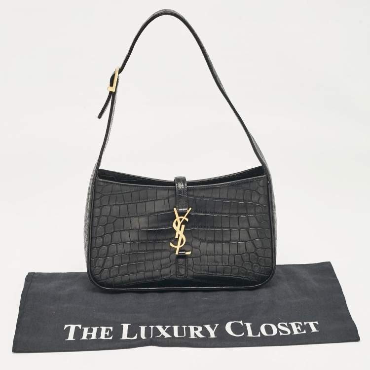 Pre Owned Saint Laurent Black Croc Embossed Leather LE 5 À 7 Hobo