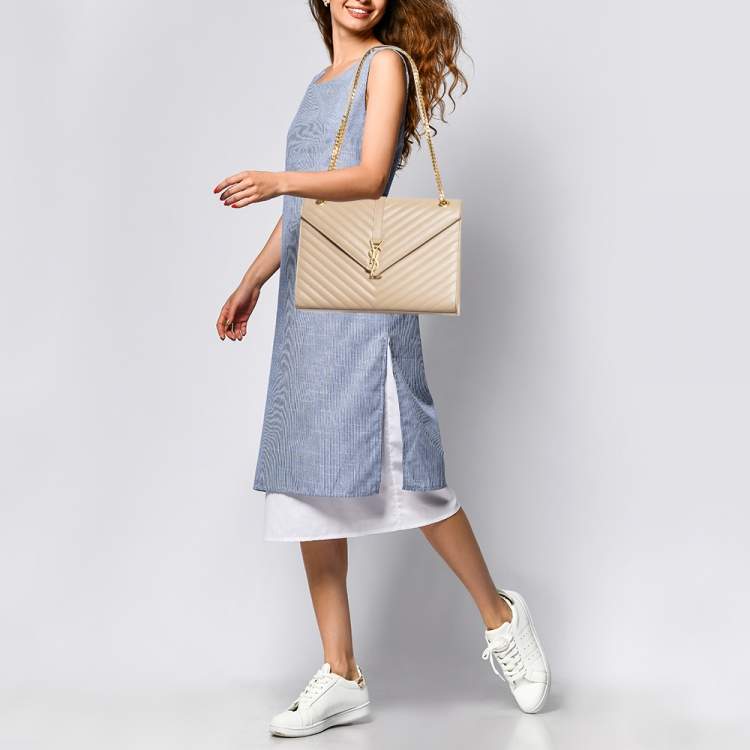 Pre Owned Saint Laurent Beige Chevron Leather Large Monogram Envelope Shoulder Bag