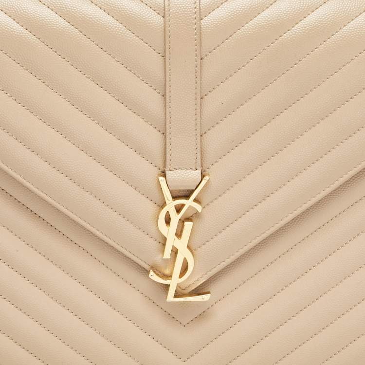 Pre Owned Saint Laurent Beige Chevron Leather Large Monogram Envelope Shoulder Bag
