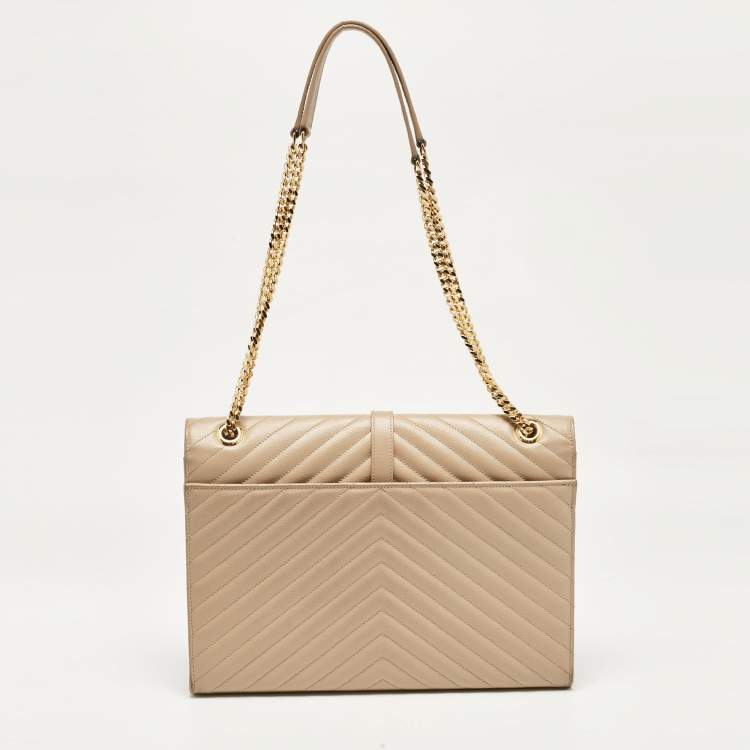 Pre Owned Saint Laurent Beige Chevron Leather Large Monogram Envelope Shoulder Bag