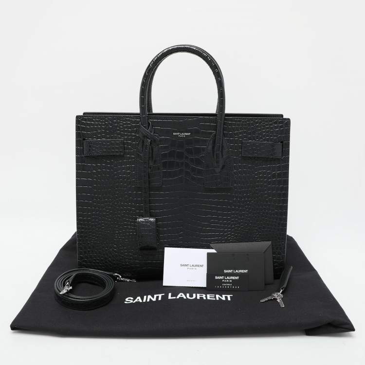 Pre Owned Saint Laurent Dark Green Croc Embossed Leather Small Classic Sac De Jour Tote