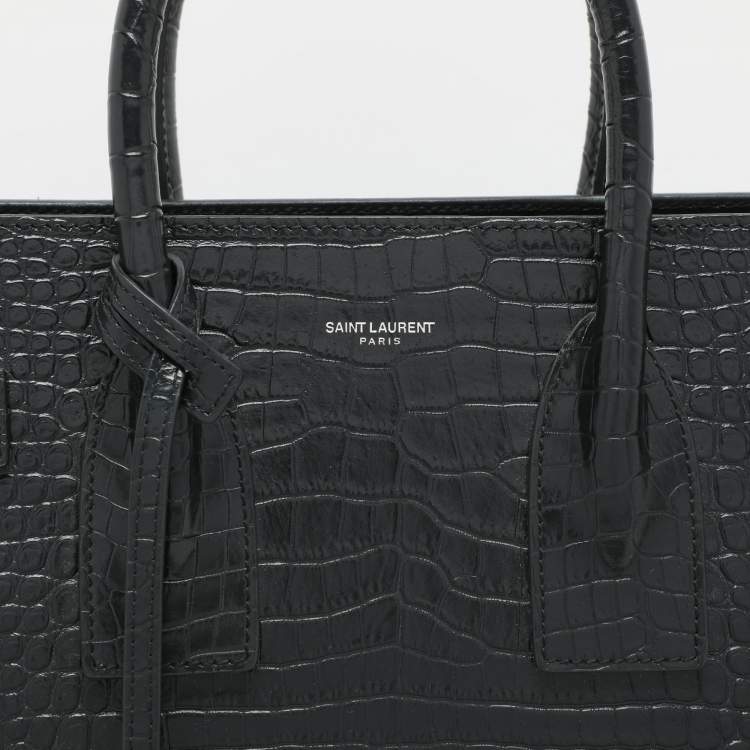Pre Owned Saint Laurent Dark Green Croc Embossed Leather Small Classic Sac De Jour Tote