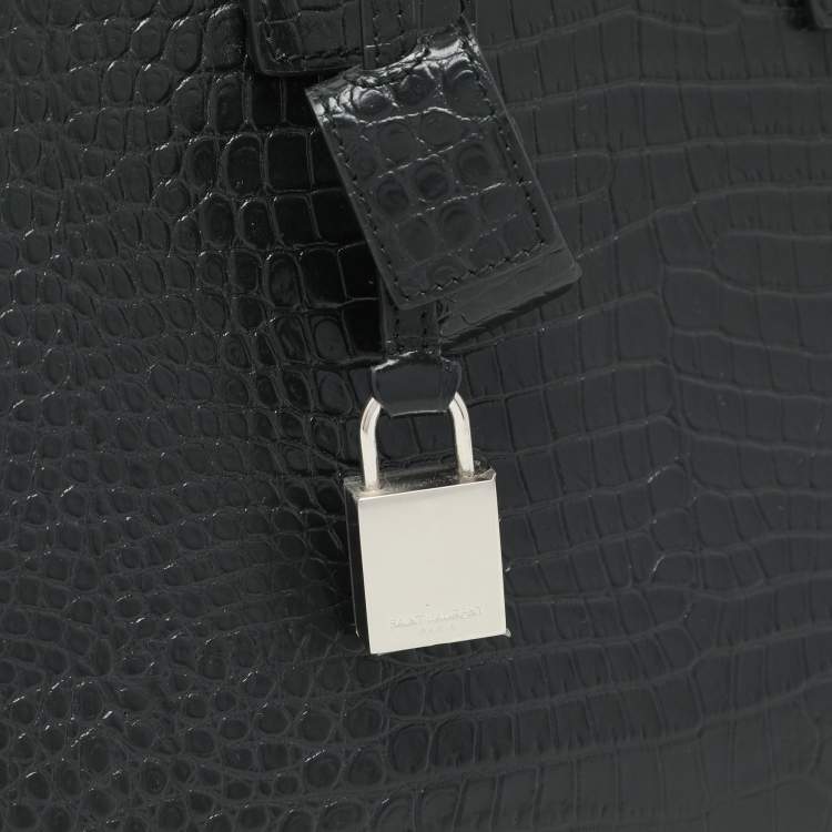 Pre Owned Saint Laurent Dark Green Croc Embossed Leather Small Classic Sac De Jour Tote