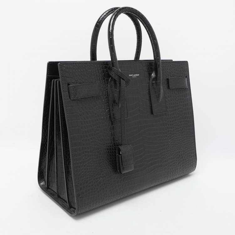 Pre Owned Saint Laurent Dark Green Croc Embossed Leather Small Classic Sac De Jour Tote