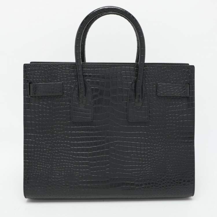 Pre Owned Saint Laurent Dark Green Croc Embossed Leather Small Classic Sac De Jour Tote