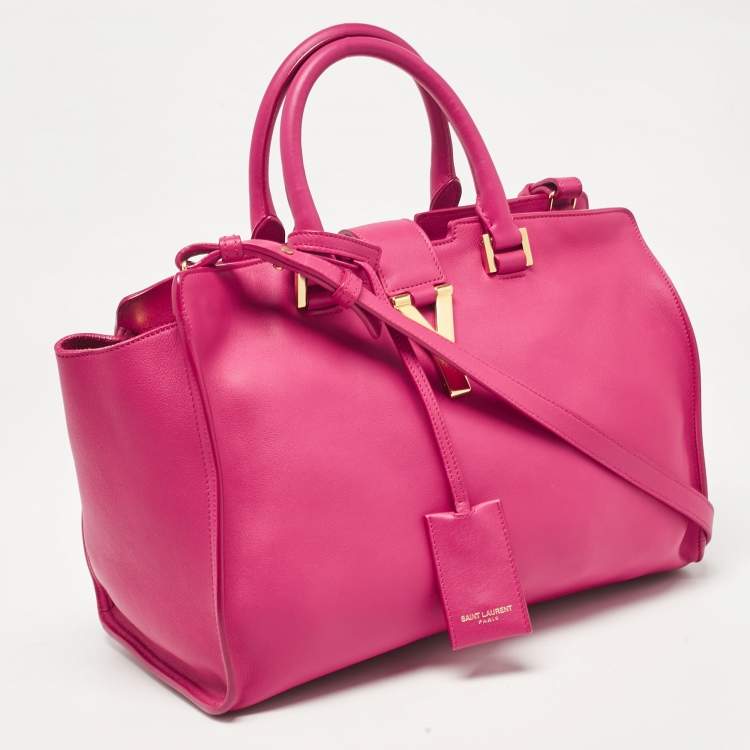 Pre Owned Saint Laurent Magenta Leather Small Ligne Y Cabas Chyc Tote