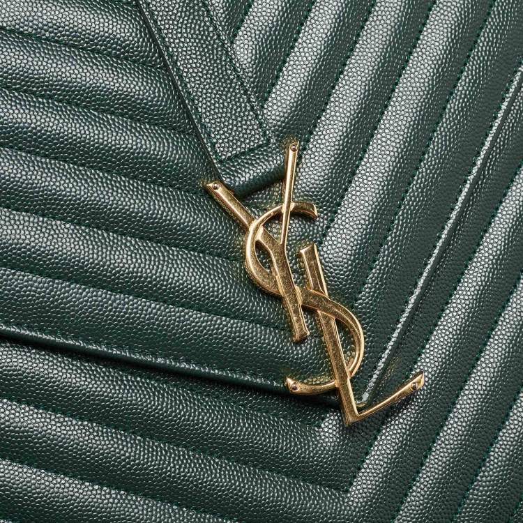 Pre Owned Saint Laurent Green Matelasse Leather Large Monogram Envelope Shoulder Bag
