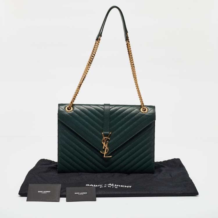 Pre Owned Saint Laurent Green Matelasse Leather Large Monogram Envelope Shoulder Bag