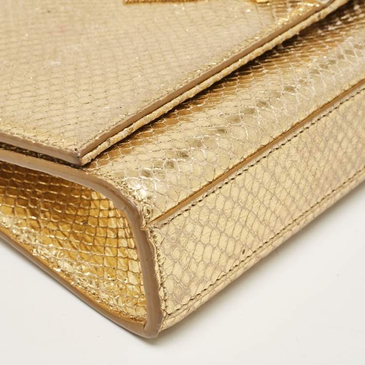 Pre Owned Saint Laurent Gold Snakeskin Embossed Leather Medium Kate Tassel Shoulder Bag