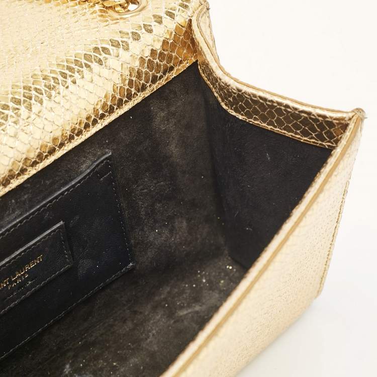 Pre Owned Saint Laurent Gold Snakeskin Embossed Leather Medium Kate Tassel Shoulder Bag