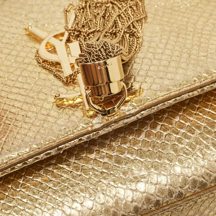 Pre Owned Saint Laurent Gold Snakeskin Embossed Leather Medium Kate Tassel Shoulder Bag