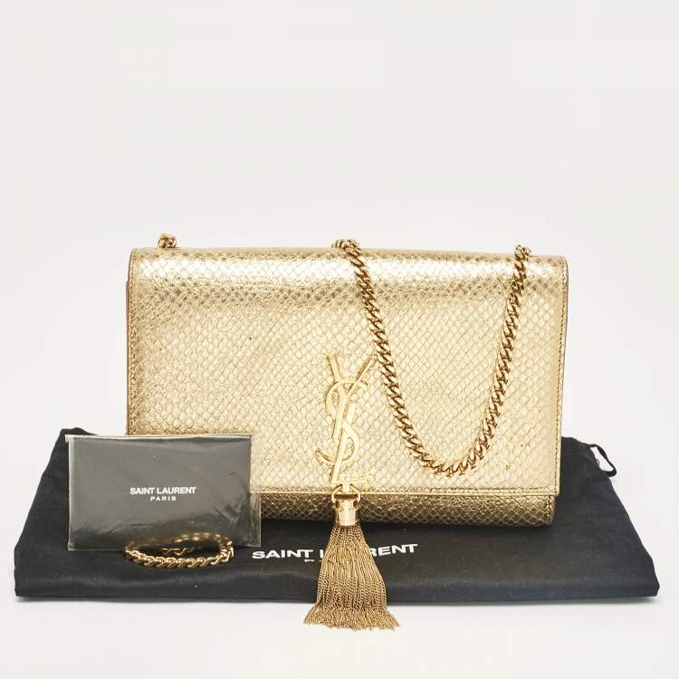 Pre Owned Saint Laurent Gold Snakeskin Embossed Leather Medium Kate Tassel Shoulder Bag