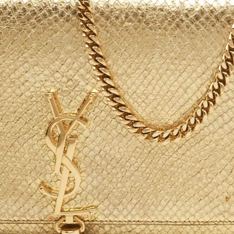 Pre Owned Saint Laurent Gold Snakeskin Embossed Leather Medium Kate Tassel Shoulder Bag