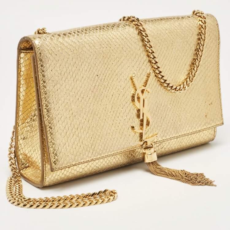 Pre Owned Saint Laurent Gold Snakeskin Embossed Leather Medium Kate Tassel Shoulder Bag
