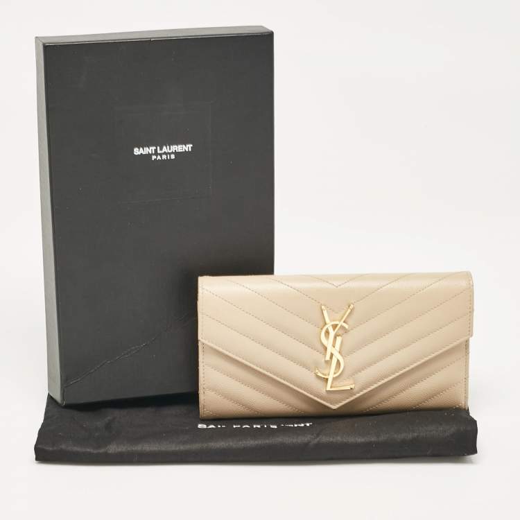 Pre Owned Saint Laurent Beige Matelassé Leather Monogram Flap Wallet