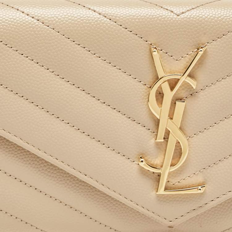 Pre Owned Saint Laurent Beige Matelassé Leather Monogram Flap Wallet