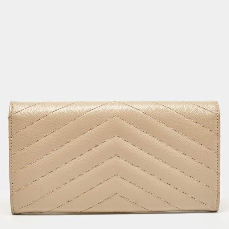 Pre Owned Saint Laurent Beige Matelassé Leather Monogram Flap Wallet