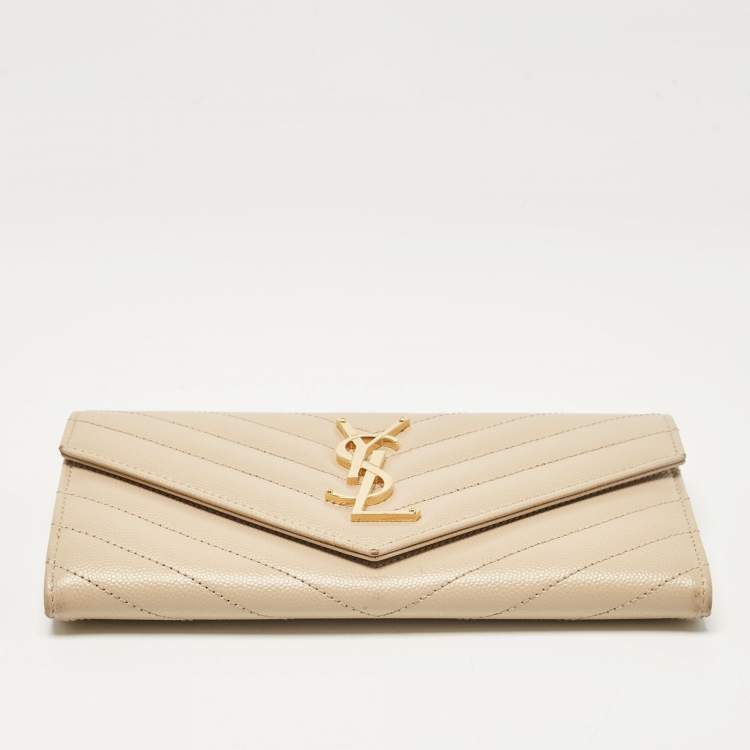 Pre Owned Saint Laurent Beige Matelassé Leather Monogram Flap Wallet