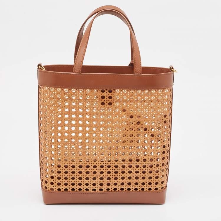 Pre Owned Saint Laurent Brown/Beige Woven Raffia and Leather Toy Tote