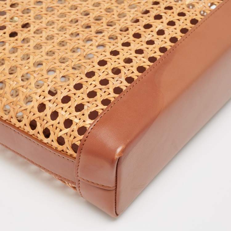 Pre Owned Saint Laurent Brown/Beige Woven Raffia and Leather Toy Tote