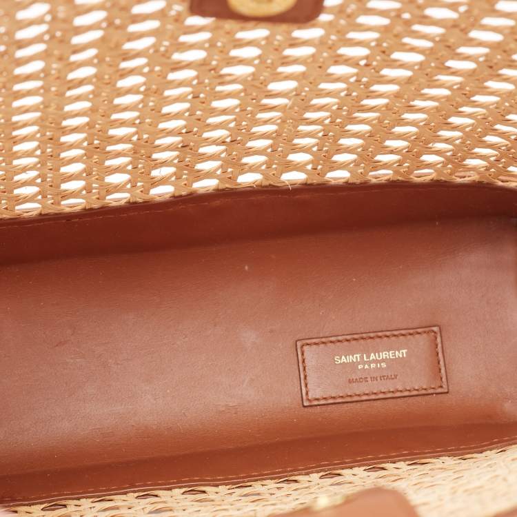 Pre Owned Saint Laurent Brown/Beige Woven Raffia and Leather Toy Tote
