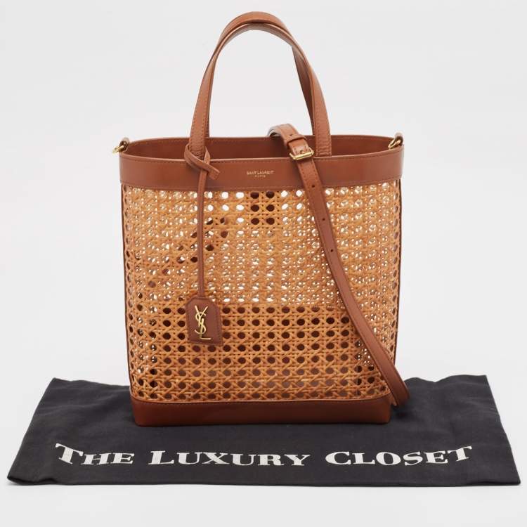 Pre Owned Saint Laurent Brown/Beige Woven Raffia and Leather Toy Tote
