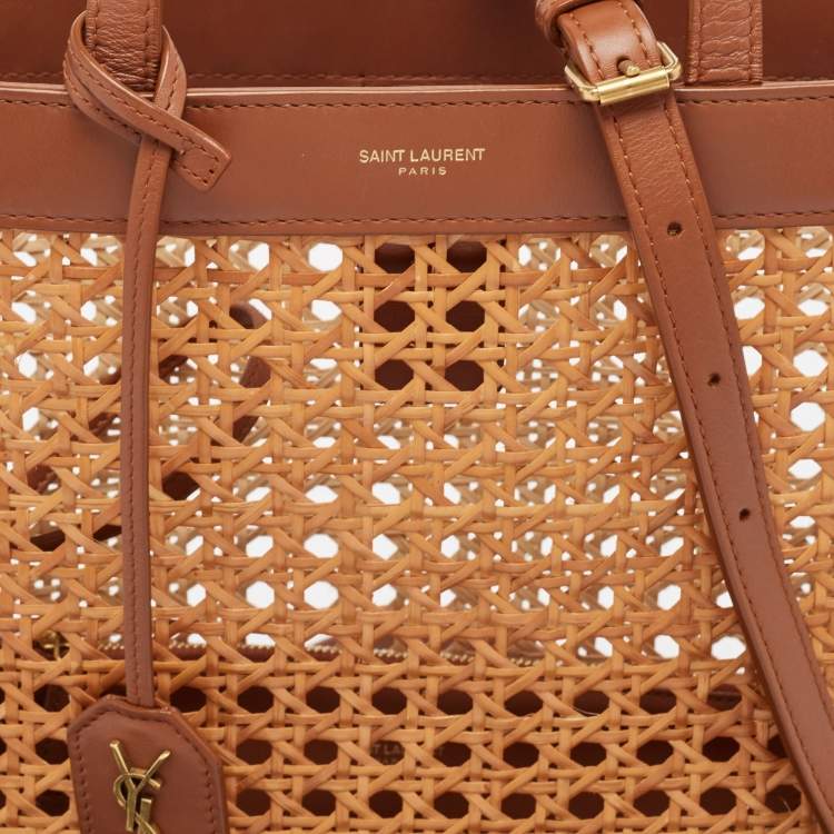 Pre Owned Saint Laurent Brown/Beige Woven Raffia and Leather Toy Tote
