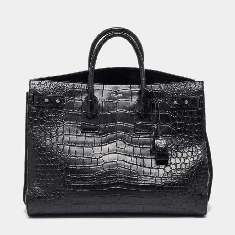 Pre Owned Saint Laurent Black Crocodile Embossed Leather Large Souple Sac De Jour Tote