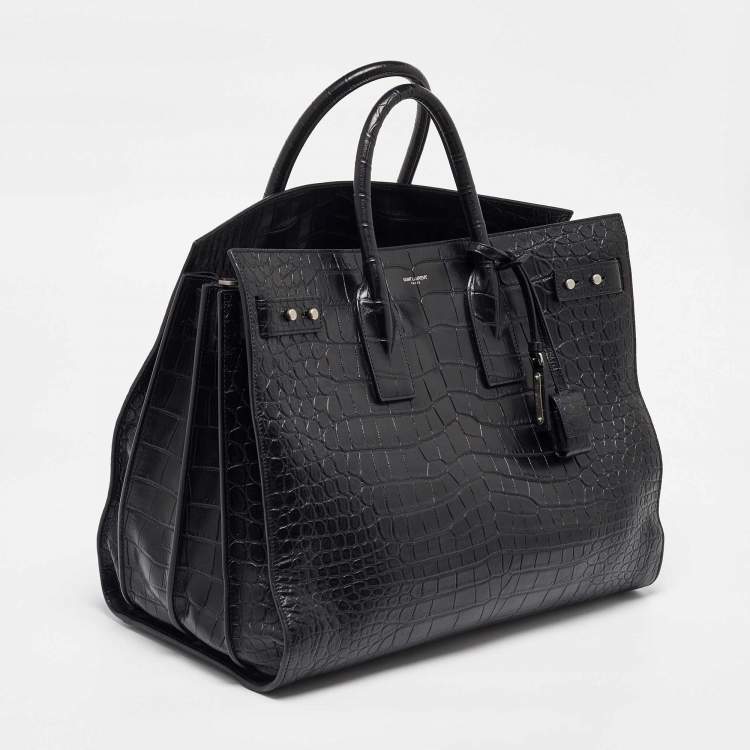 Pre Owned Saint Laurent Black Crocodile Embossed Leather Large Souple Sac De Jour Tote