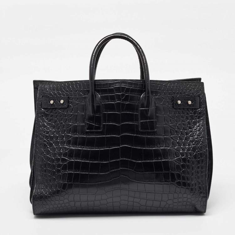 Pre Owned Saint Laurent Black Crocodile Embossed Leather Large Souple Sac De Jour Tote