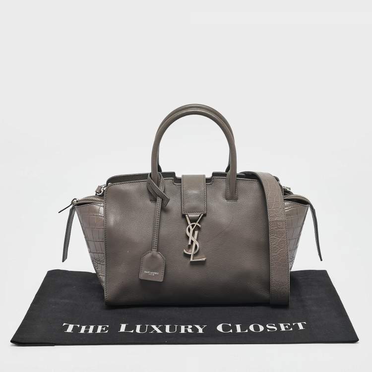 Pre Owned Saint Laurent Grey Croc Embossed and Leather Baby Downtown Cabas Tote